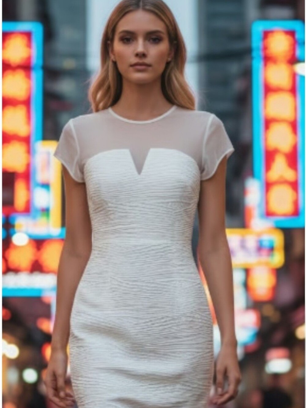 Sheer Yoke White Textured Bodycon Dress
